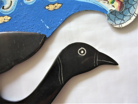 Carved Black Horn Hand Fan, Hand Painted and Pier… - image 3