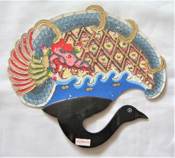 Carved Black Horn Hand Fan, Hand Painted and Pier… - image 1