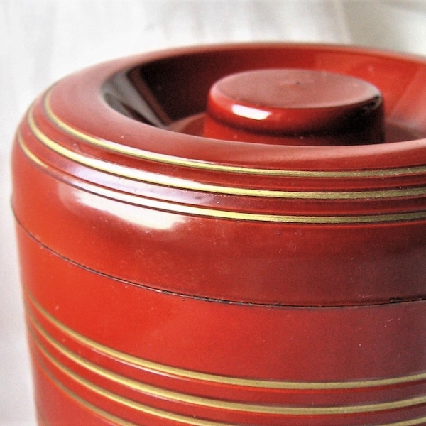 Vintage Asian Modern Round Lidded Box Plastic Red Lacquer w/Gold Rings