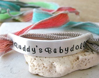 Daddy's Babydoll Bracelet, Silk Ribbon Wrap, Daddy's Baby Girl, aluminum tag or copper, Daddy's Good Girl, DDLG bracelet, DDLG gift