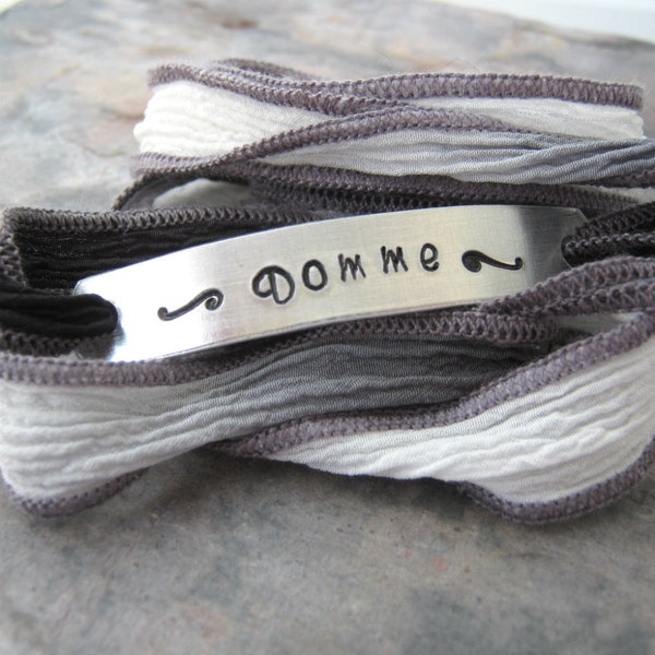 Domme Bracelet, Mistress bracelet, Dominatrix Bracelet, Maitresse Bracelet, Silk Ribbon Wrap, aluminum tag, hand dyed ribbon, tons of colors