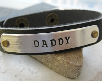 DADDY Leather Cuff Bracelet, 1/2 inch leather cuff, choose your own metal, wording, font, and cuff color