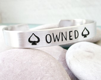 Owned Bracelet, Cuck Bracelet, cuckold gift, cuck gift, spade symbols, aluminum cuff approx 3/8 inch wide, customizable, double sided option