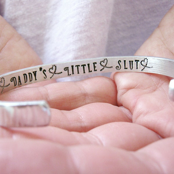 Daddy's Little Slut Secret Message Bracelet, 1/4 inch aluminum cuff, inside wording, outside texture, Daddy's Slut Bracelet, ddlg gift