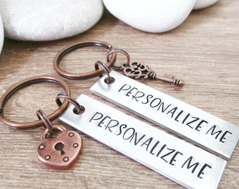 Custom Lock and Key Keychains, personalize with up to 15 characters per bar, antique copper charms, aluminum bars, customize them