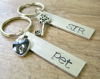 Sir and Pet Keychains, Set of 2 keychains, Key and Keyhole Charms, BDSM keychain, BDSM gifts, Daddydom gift, CUSTOMIZABLE, read details