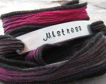 Mistress Bracelet, Domme Bracelet, Kinky Bracelet, Silk Ribbon Wrap, hand dyed ribbon, tons of colors, dominatrix gift, maitresse