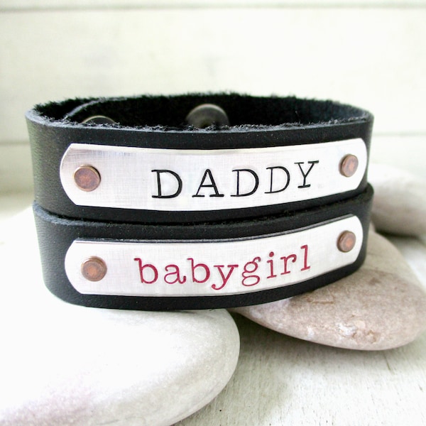 Daddy and Baby Girl, DDlg bracelet set, DDlg babygirl, Set of 2 Personalized Leather Cuff Bracelets, 1/2 inch leather cuff, customize it