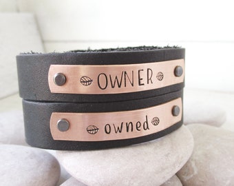Owner and owned Matching Bracelets, Set of 2 Leather Cuffs, leaf design, DDlg gifts, BDSM couple gift, BDSM jewelry, fits wrists up to 7.75"