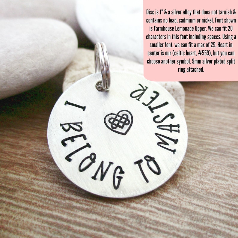 I Belong to Master charm Celtic Heart slave tag 22 letters with spaces max 1 inch alkeme disc BDSM collar charm Master/'s slave
