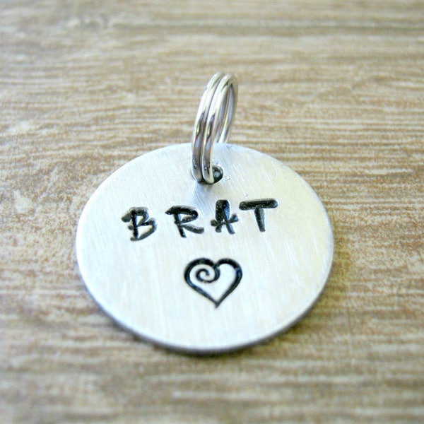 Tiny Brat Tag, Brat Collar tag, 19mm, 3/4 inch, stamped up to 6 letters, alkeme disc, Slave Tag, Slave Collar Tag, Daddy's Little Brat