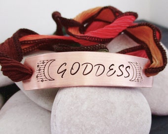 Celestial Goddess Bracelet, silk ribbon wrap, aluminum or copper bar, Domme gift, Domme bracelet, worship her, Mommy Domme gift, boho style