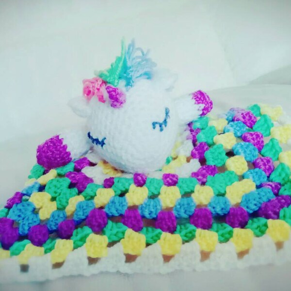 Crochet Amigurumi Sleepy Unicorn Comforter Blanket, Granny Square Blanket, Baby Blanket