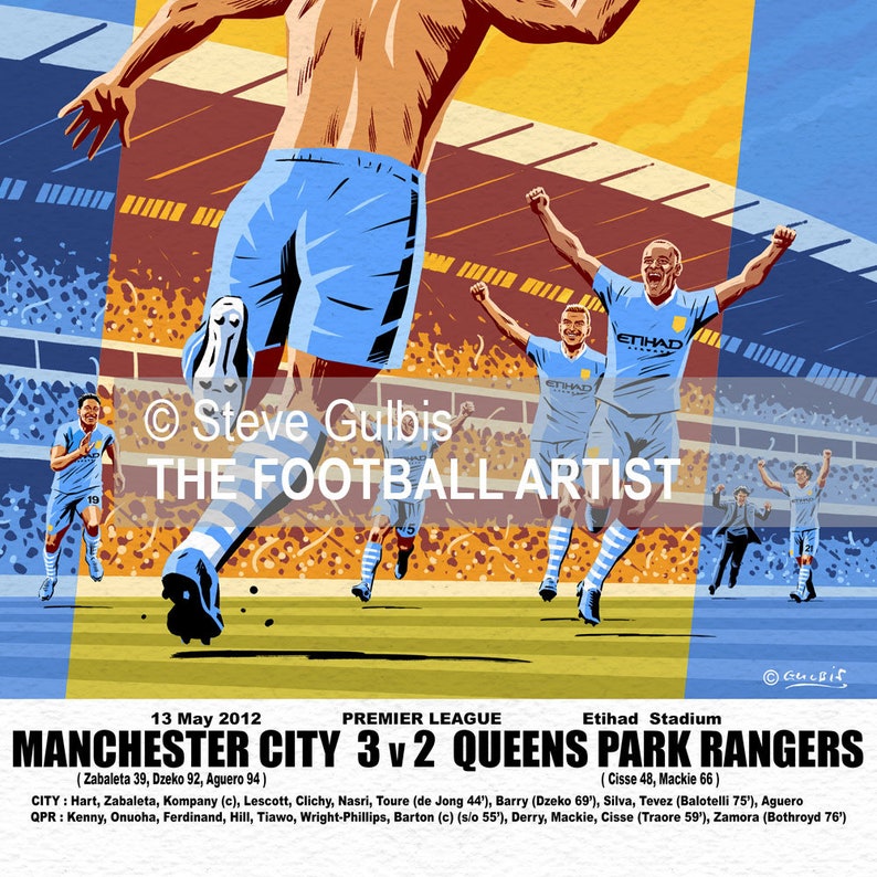 AGUERO GOAL Man City QPR 2012 Giclee Art Print Manchester Etsy UK