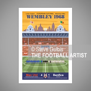 May include: A vintage-style illustration of the 1968 European Cup Final at Wembley Stadium in London, England. The illustration shows the Man Utd and Benfica teams lined up on the pitch, with the score of 4-1 in favor of Man Utd. The text "Wembley 1968" is displayed in large letters at the top of the illustration.