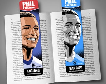 PHIL FODEN double-sided illustrated Football BOOKMARK, Manchester, England, Soccer, Gift.