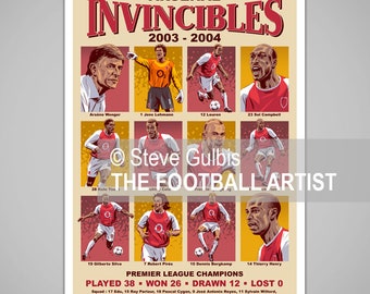 INVINCIBLES 2003-2004 FOOTBALL ART, Giclee Print, Henry, Vieira, Bergkamp, Wenger, Arsenal Poster, Birthday, Christmas, Soccer, Family, Gift