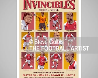 INVINCIBLES 2003-2004 FOOTBALL ART, Giclee Print, Henry, Vieira, Bergkamp, Wenger, Arsenal Poster, Birthday, Christmas, Soccer, Family, Gift