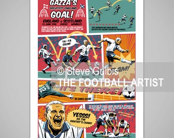 PAUL 'GAZZA' GASCOIGNE Euro '96 England Football Goal, Comic Book Style, Giclee Art Print, Birthday, Gift