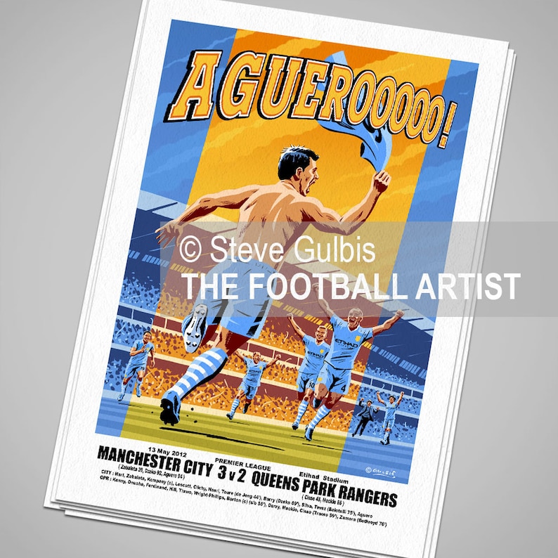 AGUERO GOAL Man City QPR 2012 Giclee Art Print Manchester Etsy UK