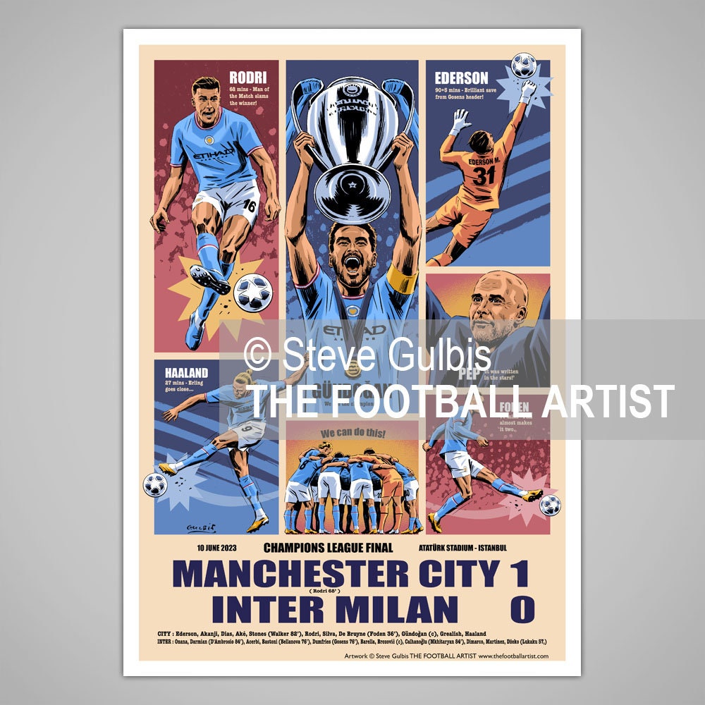 MANCHESTER CHAMPIONS LEAGUE Winners 2023, Man City v Inter Milan, Giclee Art Print, Football, Soccer, Gift