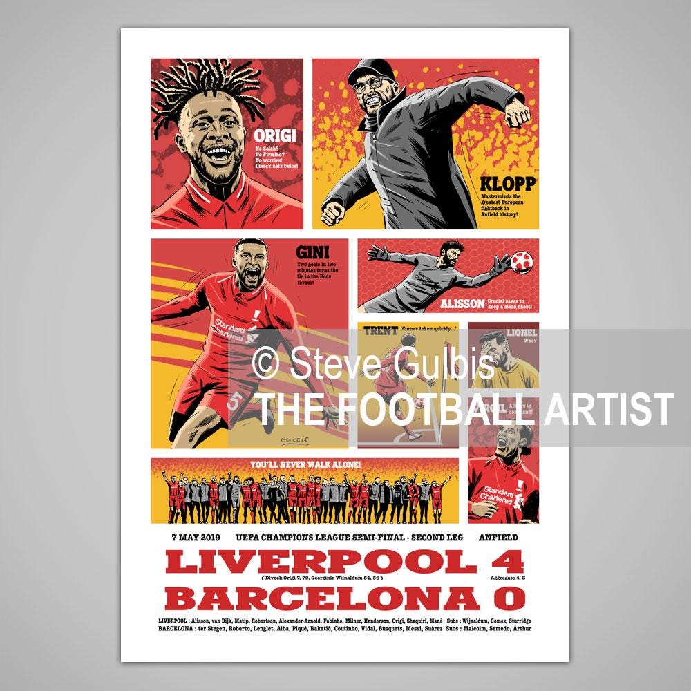 LIVERPOOL 4 BARCELONA 0, ANFIELD 2019, Champions League Football, Giclee Art Print, Football Poster, Soccer, Gift