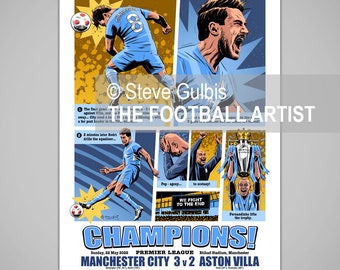 MANCHESTER CHAMPIONS 2022, Man City v Aston Villa, Giclee Art Print, Poster, Birthday, Christmas, Home, Football, Family, Soccer, Gift