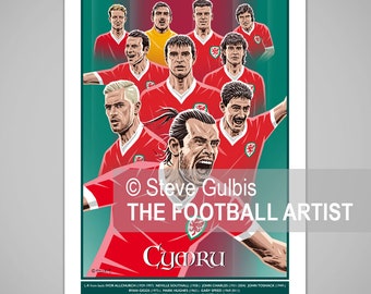 CYMRU WALES FOOTBALL Legends Giclee Art Print, Bale, Ramsey, Speed, Rush, Hughes, Wales Poster, Birthday, Family, Soccer, Gift