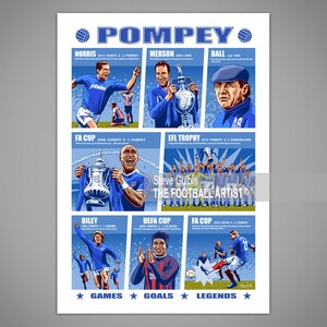 May include: A colorful illustration of Portsmouth Football Club's history, featuring images of players and trophies. The illustration is divided into nine sections, each highlighting a different era or achievement. The text "POMPEY" is displayed in a large font at the top of the illustration.