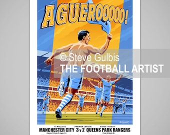 AGUERO GOAL, Man City v QPR 2012, Giclee Art Print, Manchester League Champions Football, Soccer, Gift
