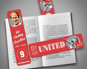 SIR BOBBY CHARLTON, Illustrated Bookmark, Double-sided, Manchester Utd Gift, Birthday, Christmas, Family, Football, Soccer, Gift