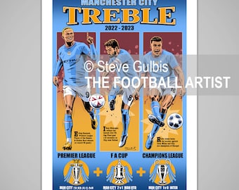 MANCHESTER FOOTBALL TREBLE 2023, Man City, Giclee Art Print, Poster, Birthday, Christmas, Home, Family, Soccer, Gift