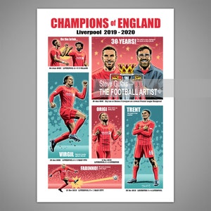 LIVERPOOL CHAMPIONS of ENGLAND 2019/20, Giclee Art Print, Football, Soccer, Gift
