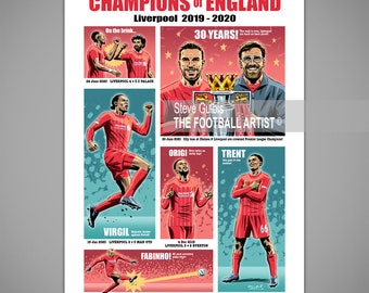 LIVERPOOL CHAMPIONS of ENGLAND 2019/20, Giclee Art Print, Football, Soccer, Gift