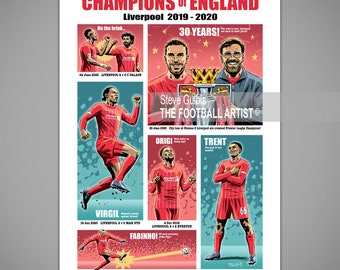 LIVERPOOL CHAMPIONS of ENGLAND 2019/20, Giclee Art Print, Liverpool Football, Soccer Poster, Gift