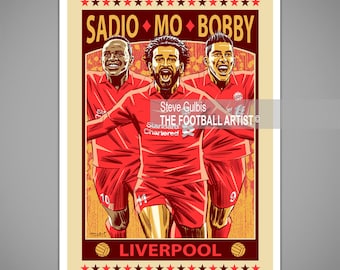 Sadio MANE, Mo SALAH, Roberto FIRMINO, Goal Celebration, Liverpool Football, Giclee Art Print, Soccer, Poster, Birthday, Gift