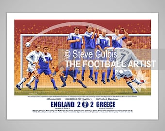 DAVID BECKHAM GOAL, England v Greece, Football World Cup 2001, Giclee Art Print, England Football Poster,  Gift