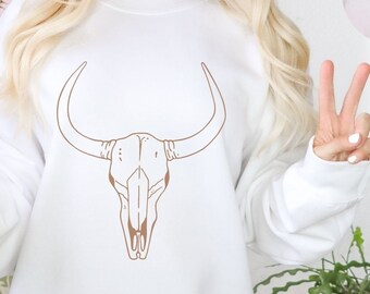 Boho Koskalletröja, Vilda Västern Rundringad Tröja, Western Grafisk T-shirt, Cowgirlskjorta, Tjurskalletröja, Southwest, Western