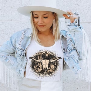 Boho Leopard Print Cow Skull Graphic Tank Top, Wild West T-Shirt, Howdy Tee, Western Clothing, Western  Rodeo Cowgirl Shirt, Bull Skull tee