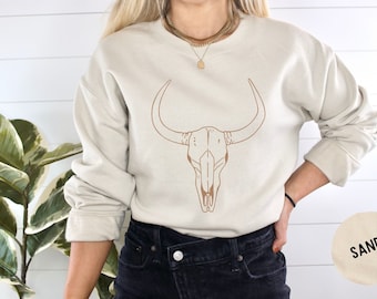 Boho Koskalletröja, Vilda Västern Rundringad Tröja, Western Grafisk T-shirt, Cowgirlskjorta, Tjurskalletröja, Southwest, Western