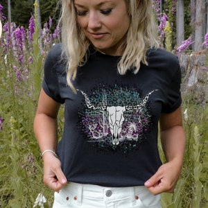 Boho Leopard Print Cow Skull Graphic Tee Shirt, Wild West Shirt, Howdy shirt, Western Clothing, Western  Rodeo Cowgirl Shirt, Bull Skull tee