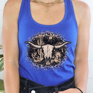 Boho Leopard Print Cow Skull Graphic Tank Top, Wild West T-Shirt, Howdy Tee, Western Clothing, Western  Rodeo Cowgirl Shirt, Bull Skull tee