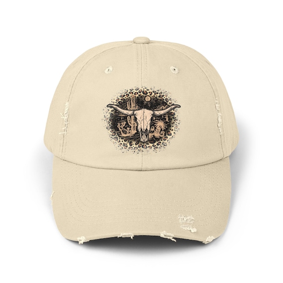 Western Longhorn Skull Distressed Baseball Cap Boho Cowgirl Hat Boutique Western Longhorn Cow Floral Skull Hand Burned Custom Wide Brim  main image 3
