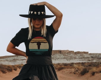 Boho Cow Skull Graphic Tee, Retro Sunset Bull T-Shirt