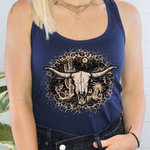 Boho Leopard Print Cow Skull Graphic Tank Top, Wild West T-Shirt, Howdy Tee, Western Clothing, Western  Rodeo Cowgirl Shirt, Bull Skull tee