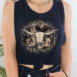 Boho Leopard Print Cow Skull Graphic Tank Top, Wild West T-Shirt, Howdy Tee, Western Clothing, Western  Rodeo Cowgirl Shirt, Bull Skull tee