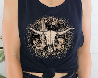 Boho Leopard Print Cow Skull Tank Top: Western Rodeo Shirt