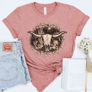 Boho Cow Skull Leopard Print Shirt, Wild West Shirt, Howdy shirt, Western Clothing, Western Graphic Tee, Cowgirl Shirt, Bull Skull Shirt