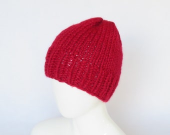 Cranberry Red Beanie Hat - Chunky Hand Knitted Hat – Men, Women, Unisex Knit Hat - ready to ship.