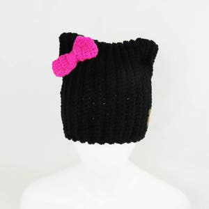 Black Cat Hat – Beanie with Pink Bow option, Women and Teen Beanie, Cat Lover Gift, Handmade Hat